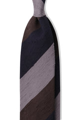 3-Fold Striped Silk Shantung Tie - Brown/Navy/Grey - Brunati Como®