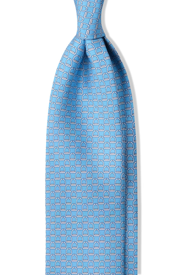 3-Fold Stirrup Patterned Printed Silk Tie - Light Blue - Brunati Como®