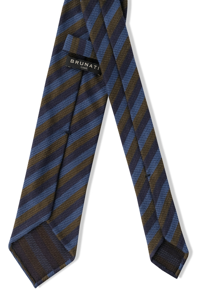 3-Fold Striped Silk Wool Tie - Navy/Royal Blue/Olive - Brunati Como®