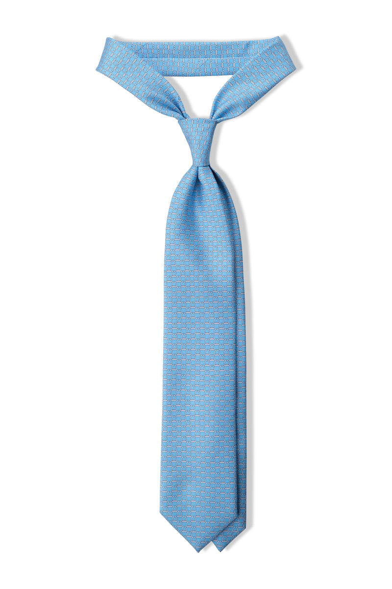3-Fold Stirrup Patterned Printed Silk Tie - Light Blue - Brunati Como®