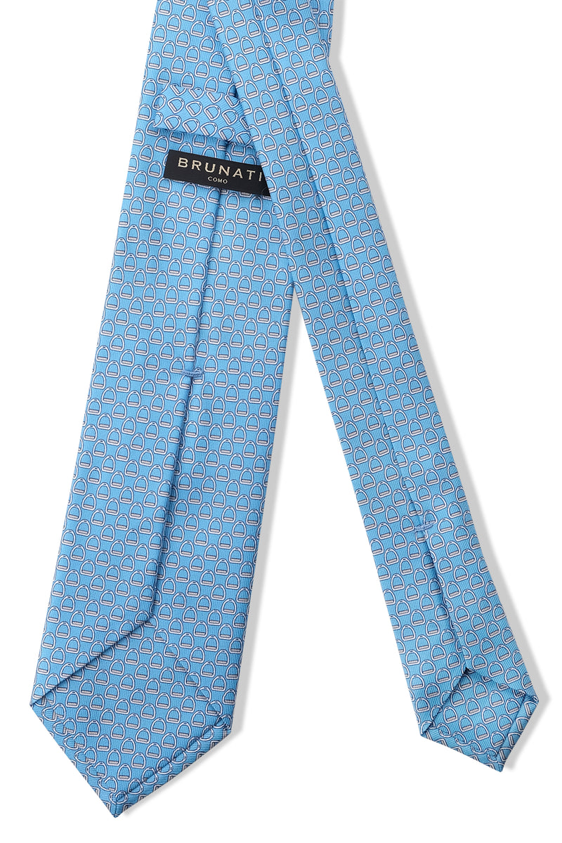 3-Fold Stirrup Patterned Printed Silk Tie - Light Blue - Brunati Como®