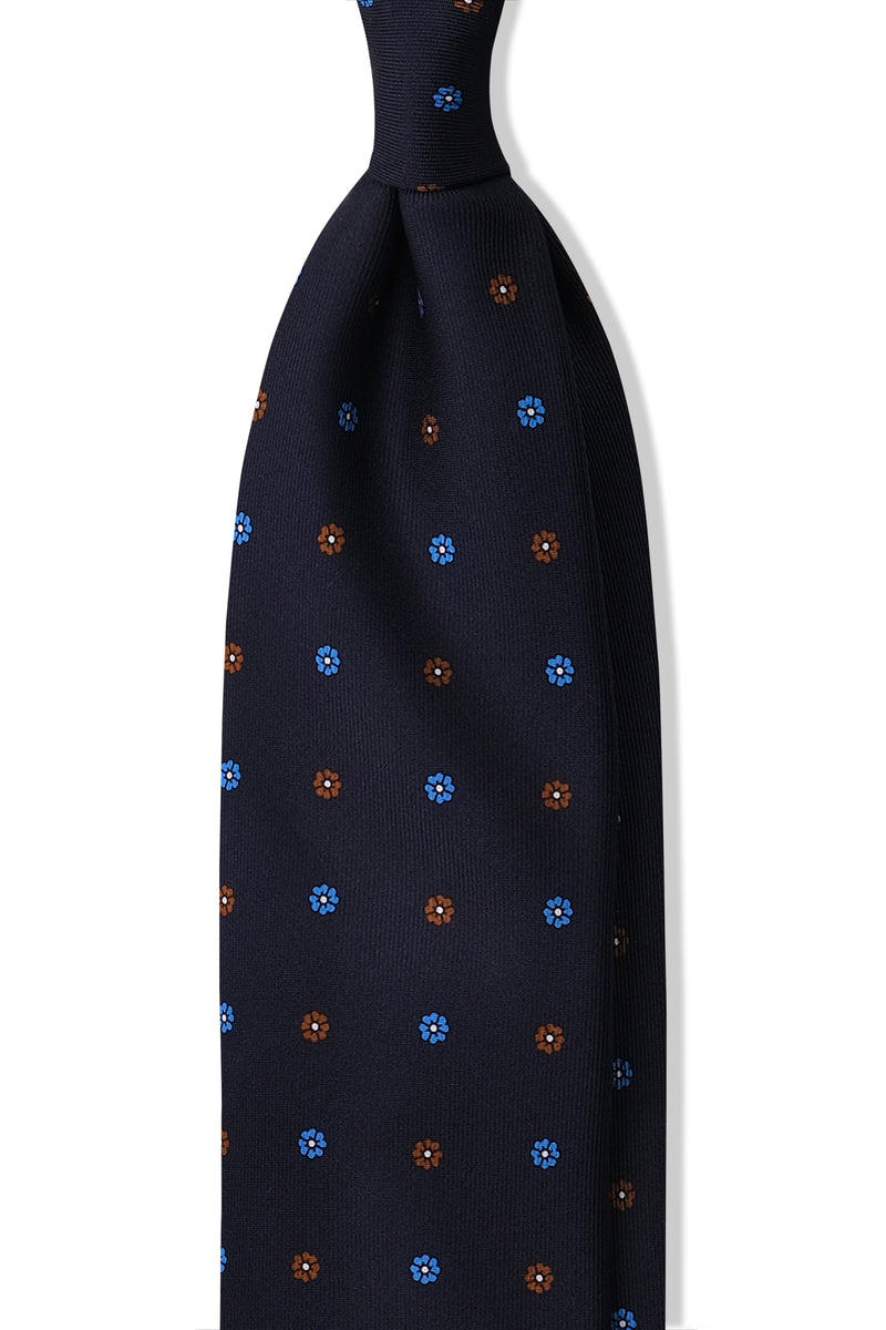 3-Fold Floral Printed Silk Tie - Navy/Royal Blue/Brown - Brunati Como®