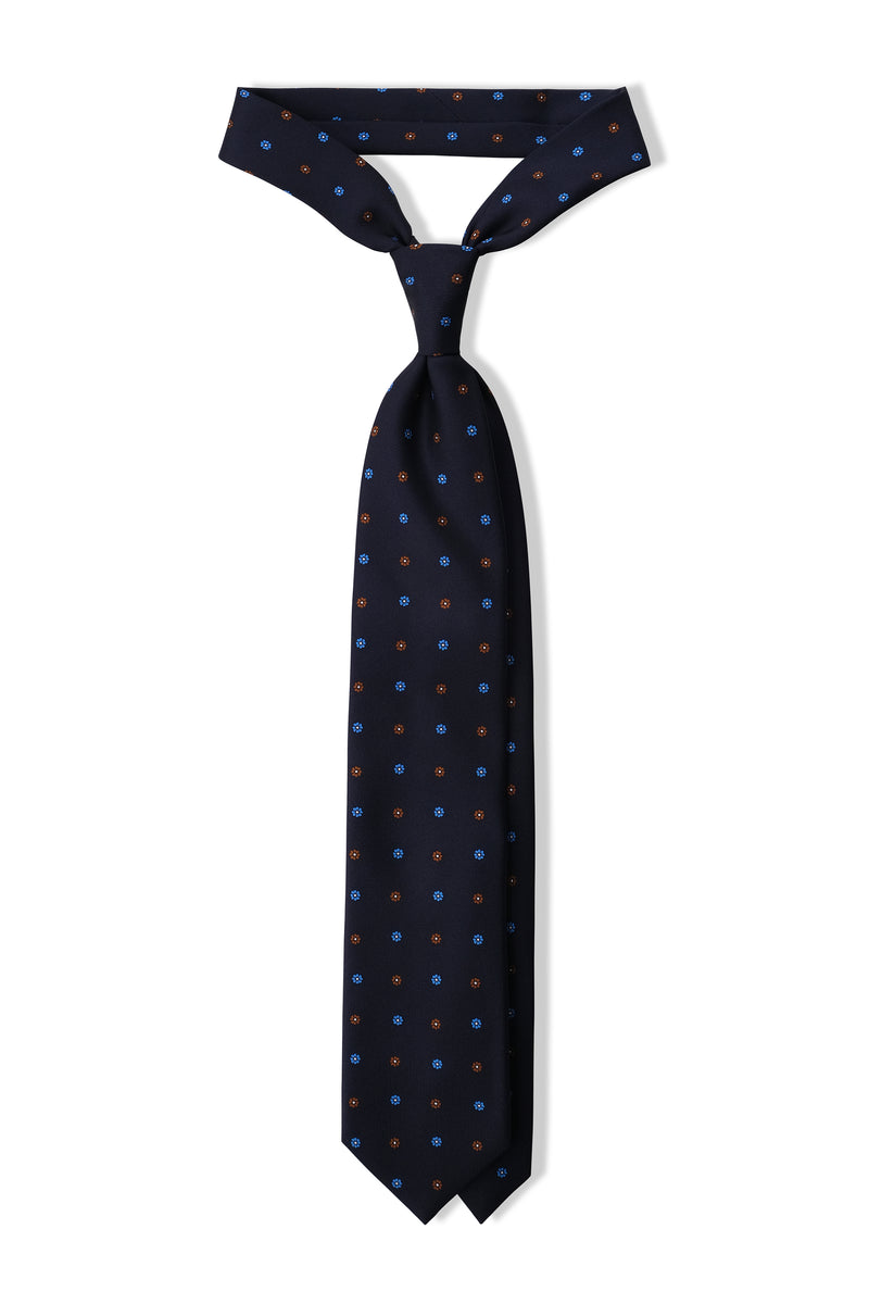 3-Fold Floral Printed Silk Tie - Navy/Royal Blue/Brown - Brunati Como®