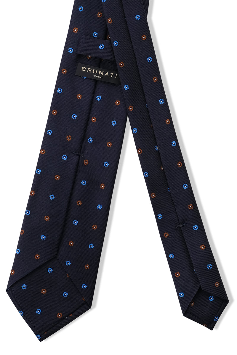 3-Fold Floral Printed Silk Tie - Navy/Royal Blue/Brown - Brunati Como®