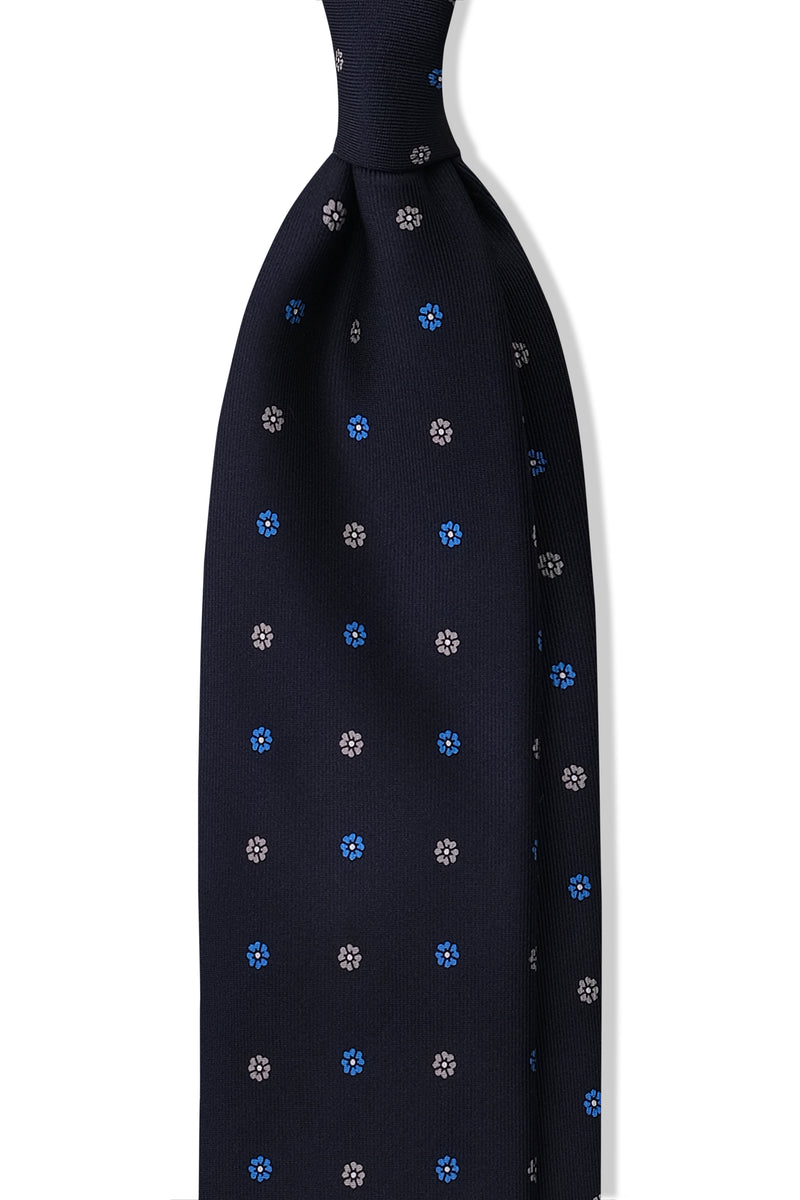 3-Fold Floral Printed Silk Tie - Navy/Royal Blue/Beige - Brunati Como®