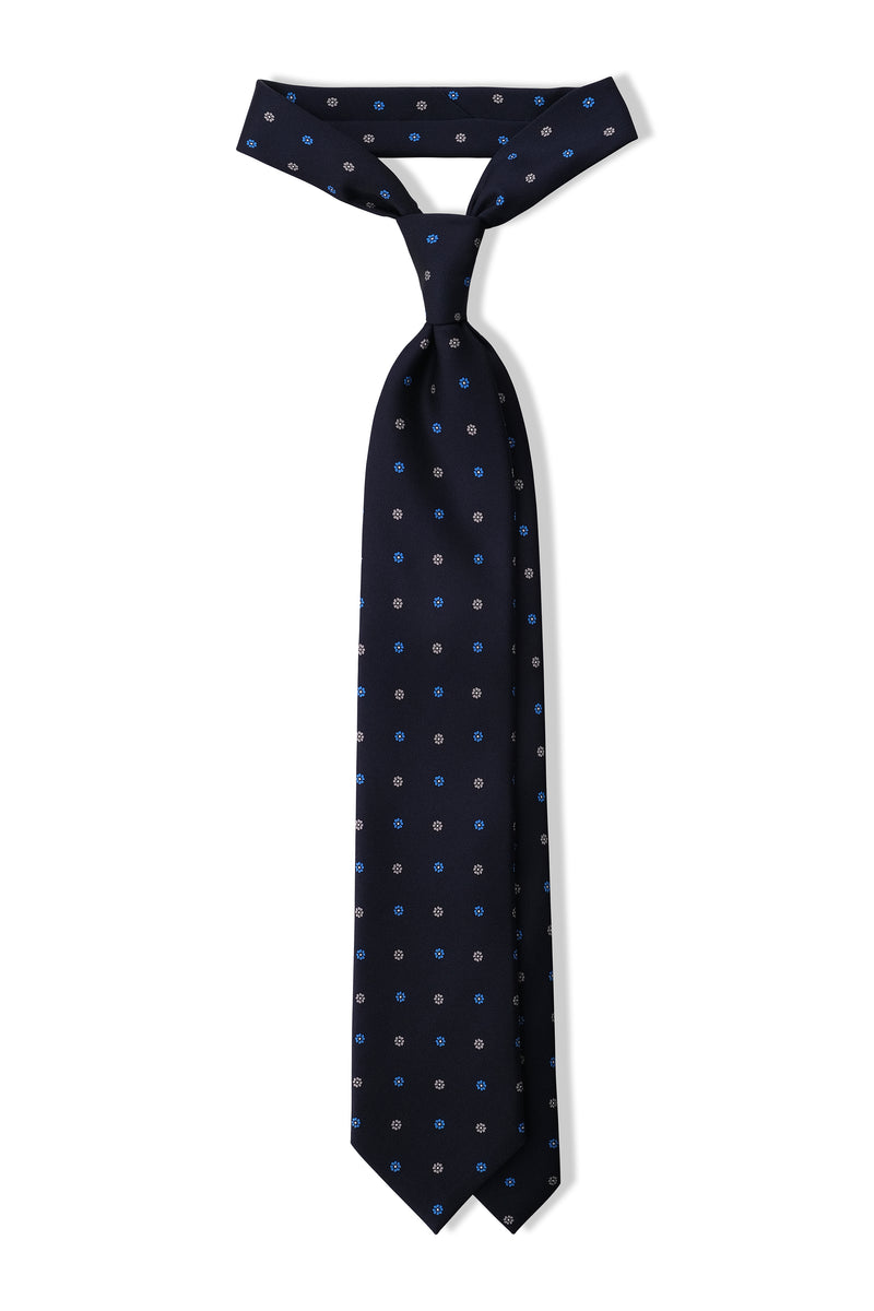 3-Fold Floral Printed Silk Tie - Navy/Royal Blue/Beige - Brunati Como®