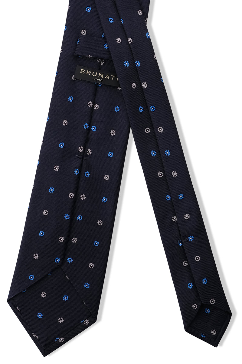 3-Fold Floral Printed Silk Tie - Navy/Royal Blue/Beige - Brunati Como®