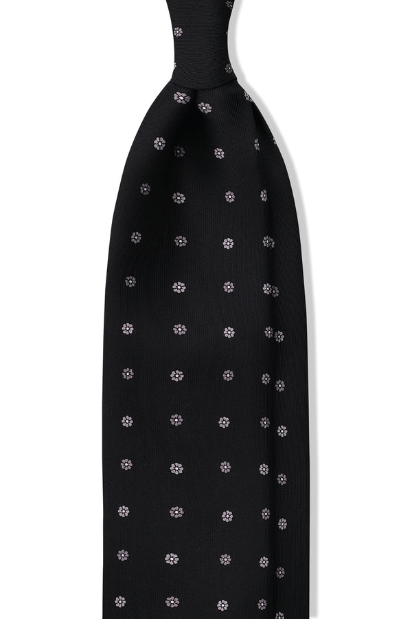 3-Fold Floral Printed Silk Tie - Black/Silver - Brunati Como®