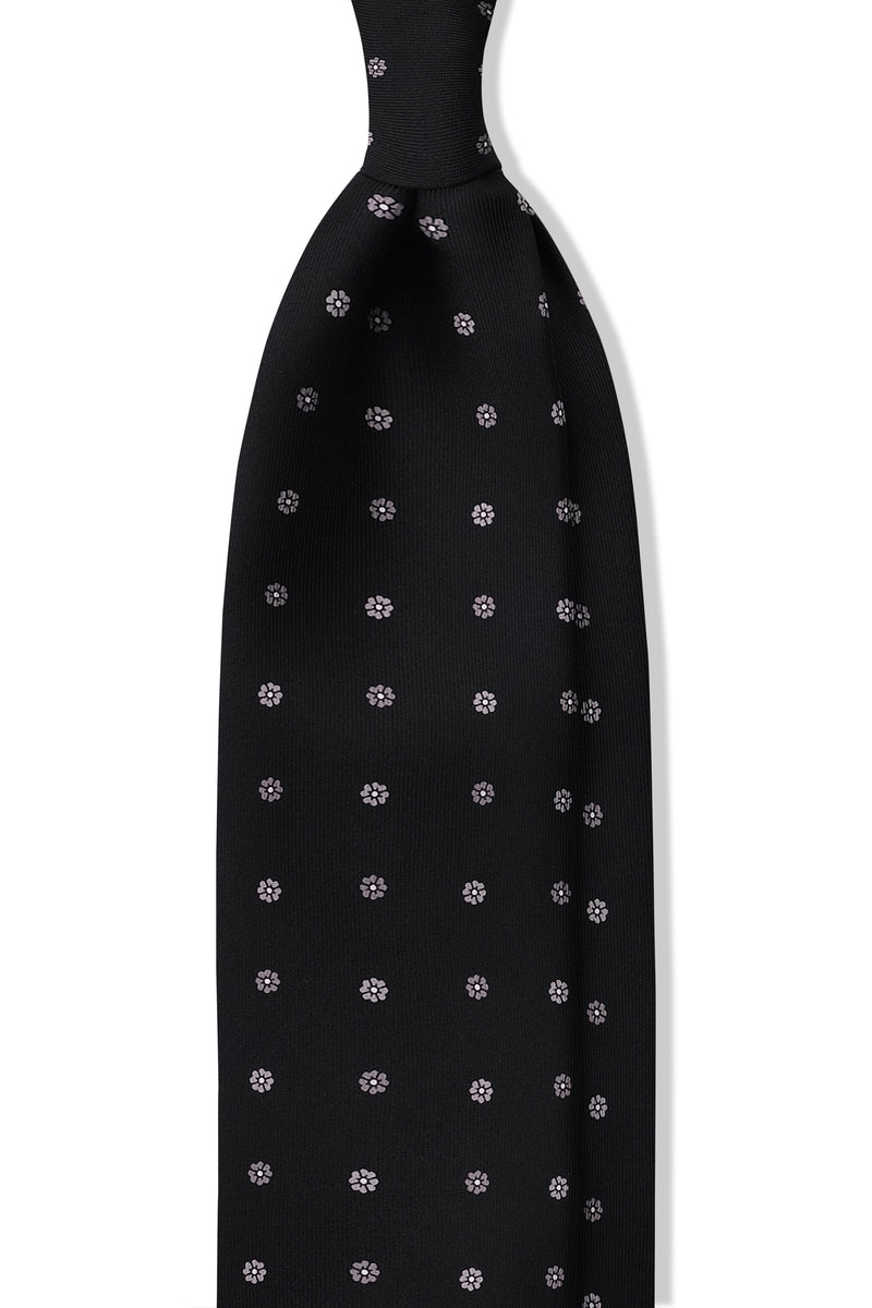 3-Fold Floral Printed Silk Tie - Black/Silver - Brunati Como®