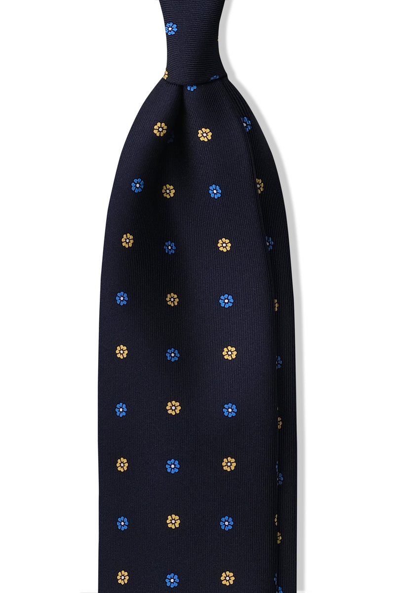 3-Fold Floral Printed Silk Tie - Navy/Royal Blue/Yellow - Brunati Como®