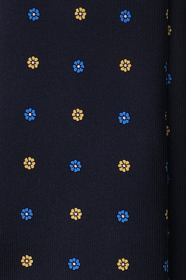 3-Fold Floral Printed Silk Tie - Navy/Royal Blue/Yellow - Brunati Como®