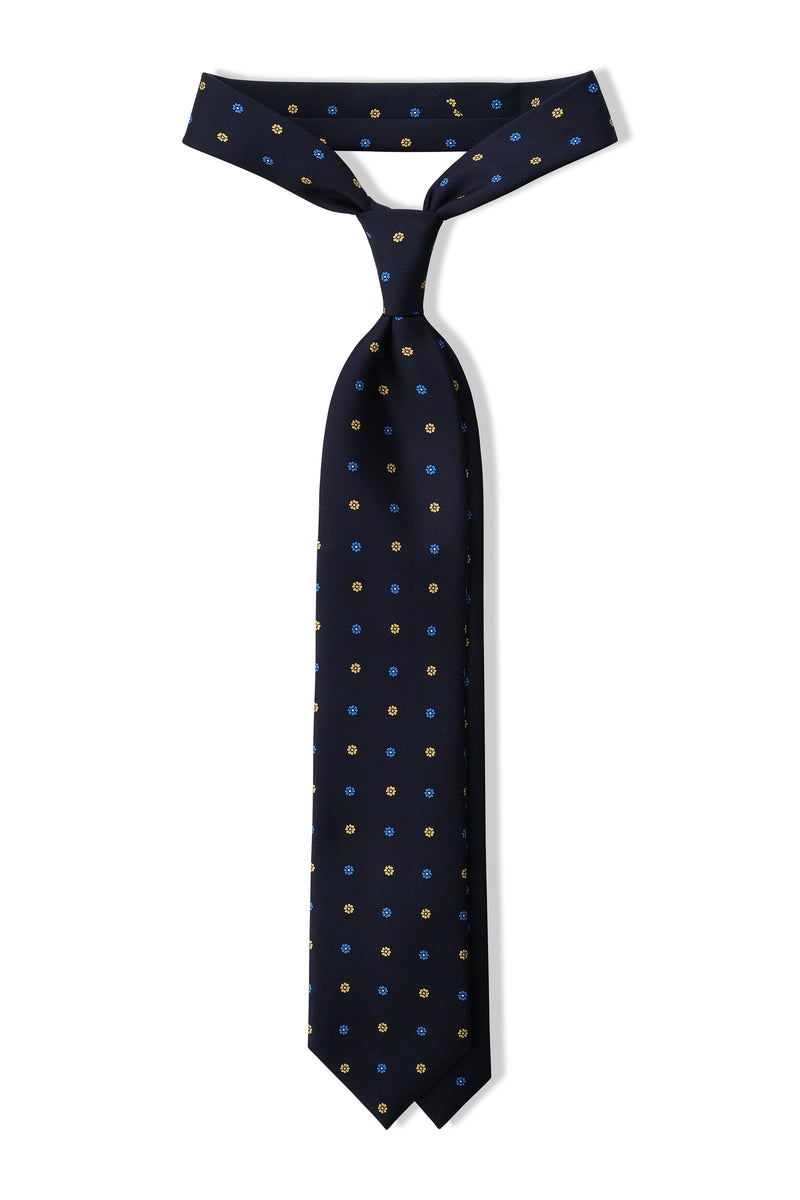 3-Fold Floral Printed Silk Tie - Navy/Royal Blue/Yellow - Brunati Como®