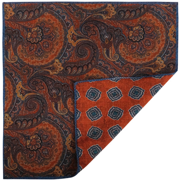 Doubleface Handrolled Flannel Pocket Square - Blue / Burnt Orange - Brunati Como®