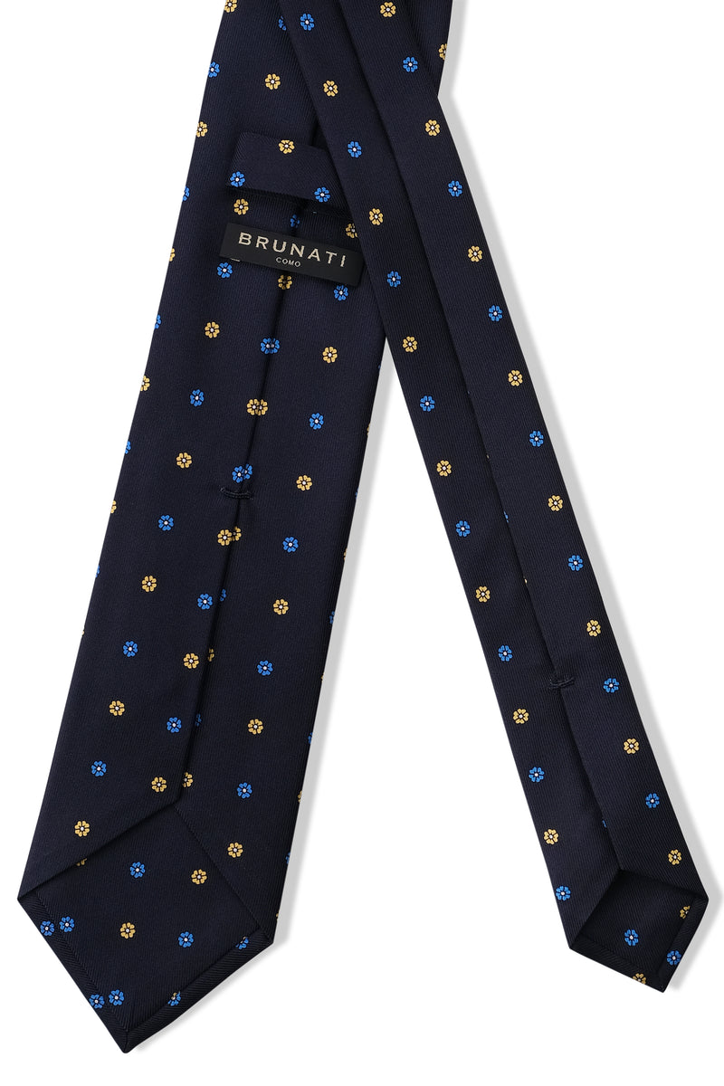 3-Fold Floral Printed Silk Tie - Navy/Royal Blue/Yellow - Brunati Como®