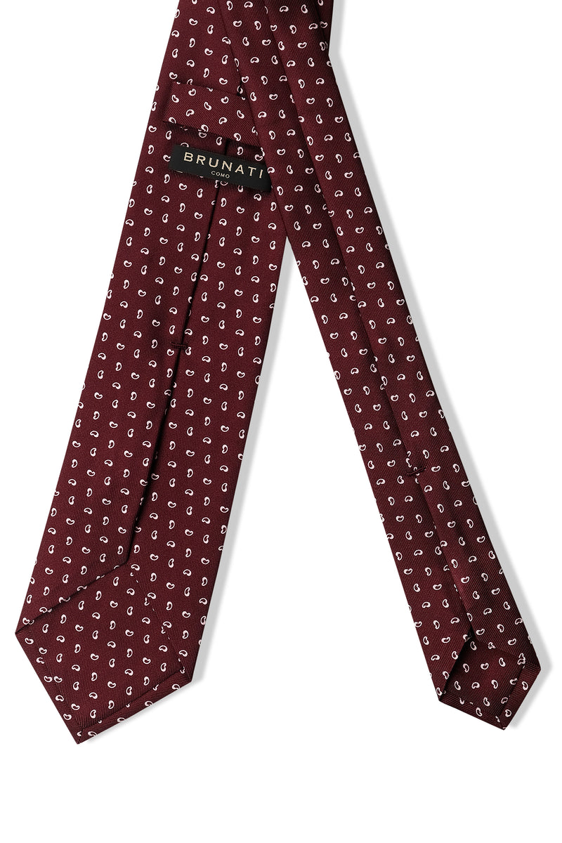 3-Fold Mini Paisley Patterned Printed Silk Tie - Burgundy/White - Brunati Como®