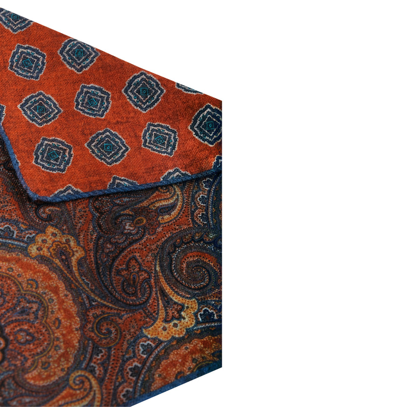 Doubleface Handrolled Flannel Pocket Square - Blue / Burnt Orange - Brunati Como®