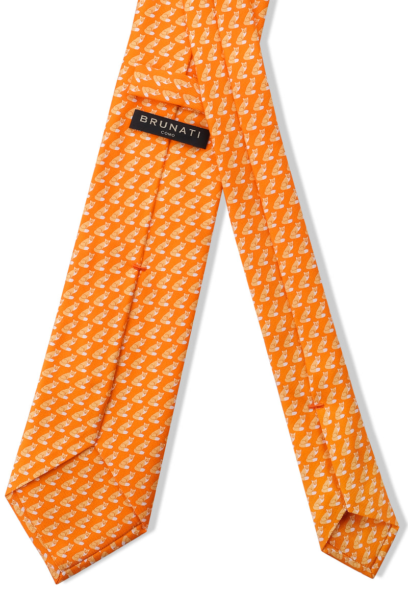 3-Fold Cat Patterned Printed Silk Tie - Orange - Brunati Como®