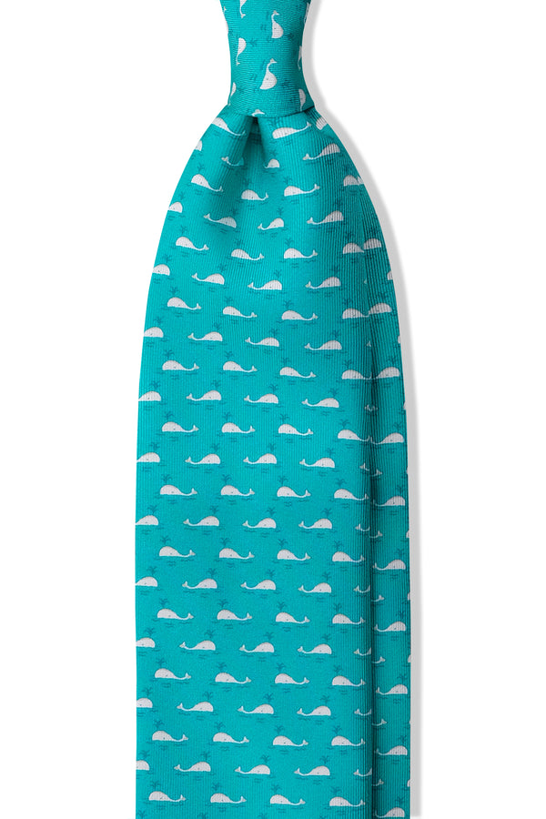 3-Fold Whale Patterned Printed Silk Tie - Turquoise - Brunati Como®