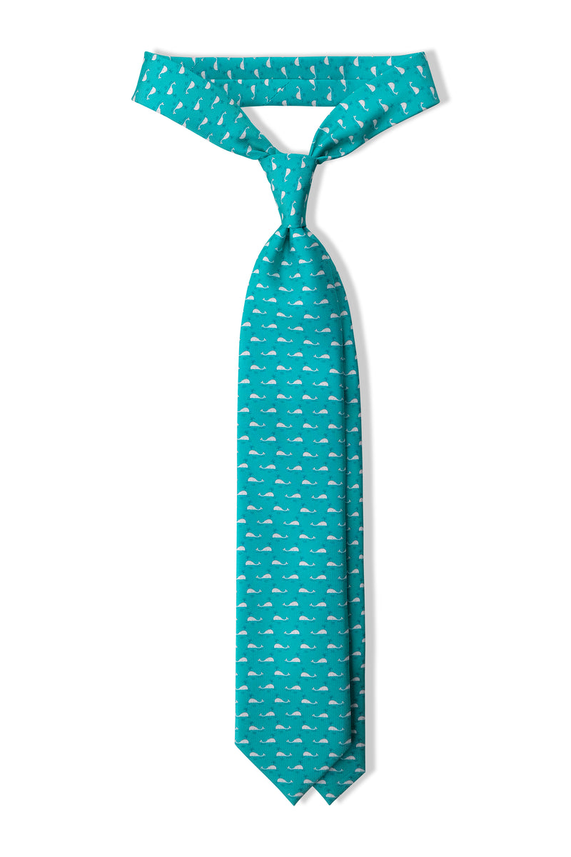 3-Fold Whale Patterned Printed Silk Tie - Turquoise - Brunati Como®