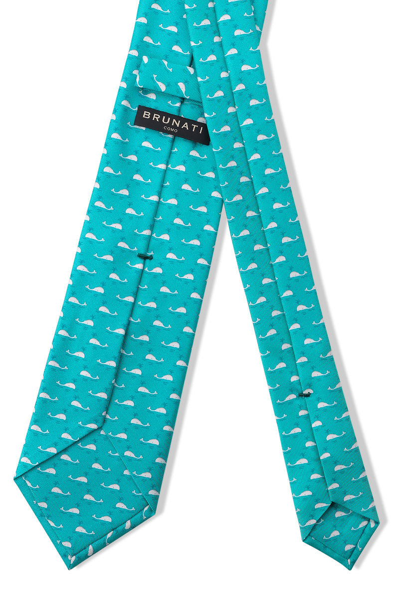 3-Fold Whale Patterned Printed Silk Tie - Turquoise - Brunati Como®
