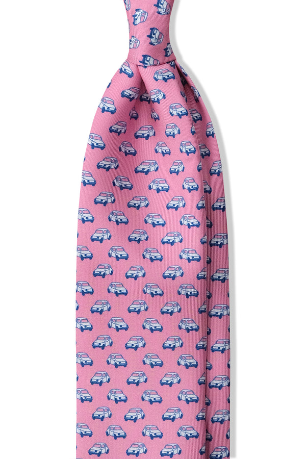3-Fold Italian Car Patterned Printed Silk Tie - Bubblegum - Brunati Como®