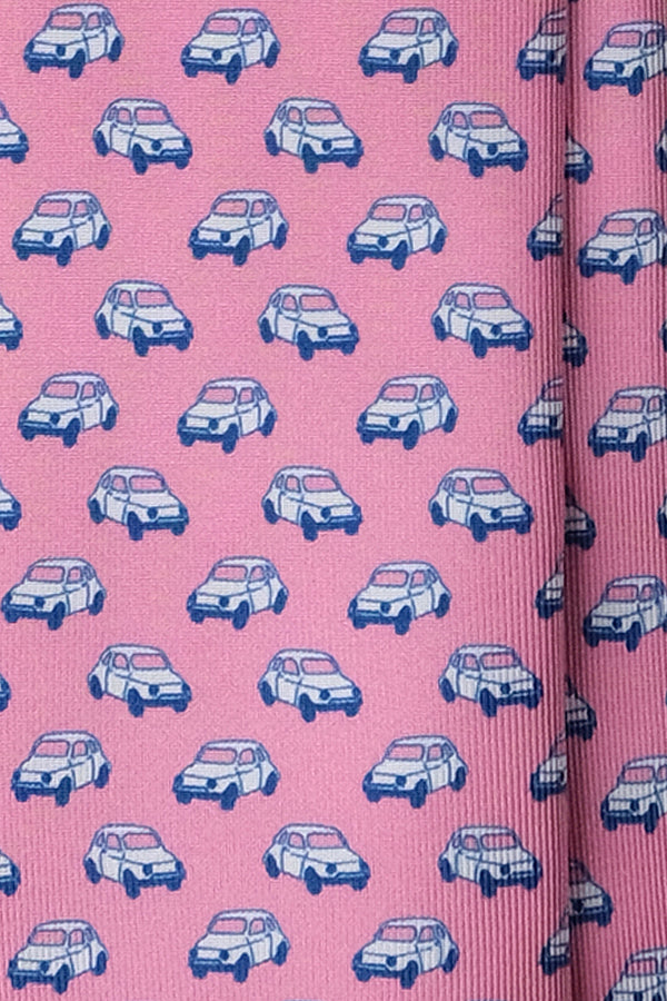3-Fold Italian Car Patterned Printed Silk Tie - Bubblegum - Brunati Como®