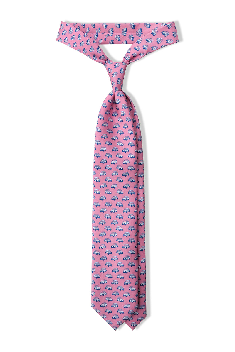 3-Fold Italian Car Patterned Printed Silk Tie - Bubblegum - Brunati Como®