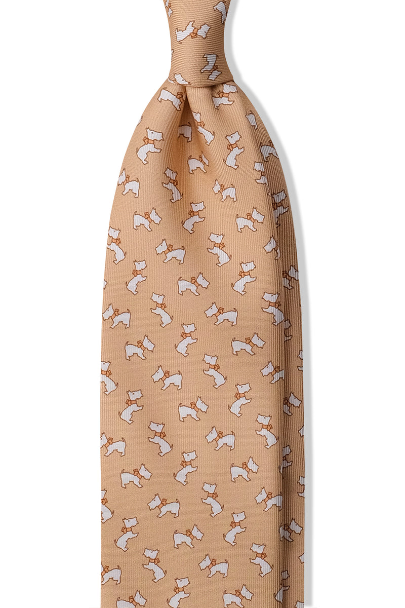 3-Fold Dog Patterned Printed Silk Tie - Beige - Brunati Como®
