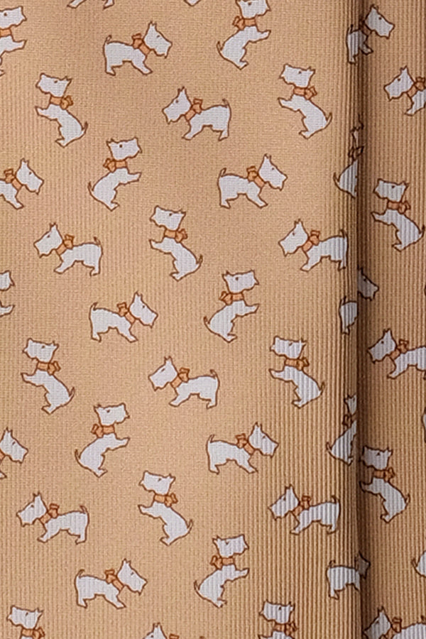 3-Fold Dog Patterned Printed Silk Tie - Beige - Brunati Como®
