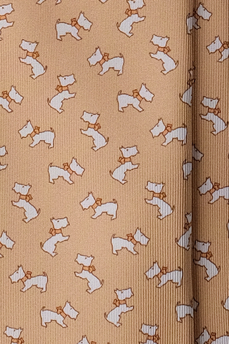 3-Fold Dog Patterned Printed Silk Tie - Beige - Brunati Como®