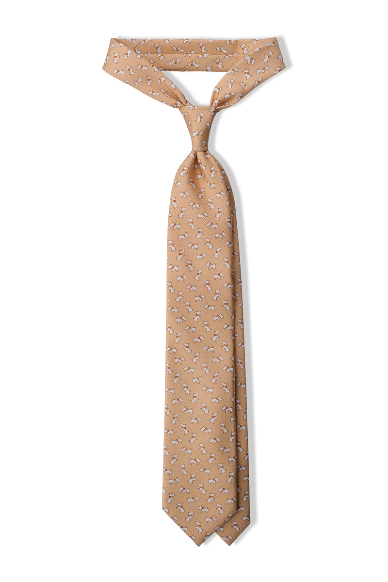 3-Fold Dog Patterned Printed Silk Tie - Beige - Brunati Como®