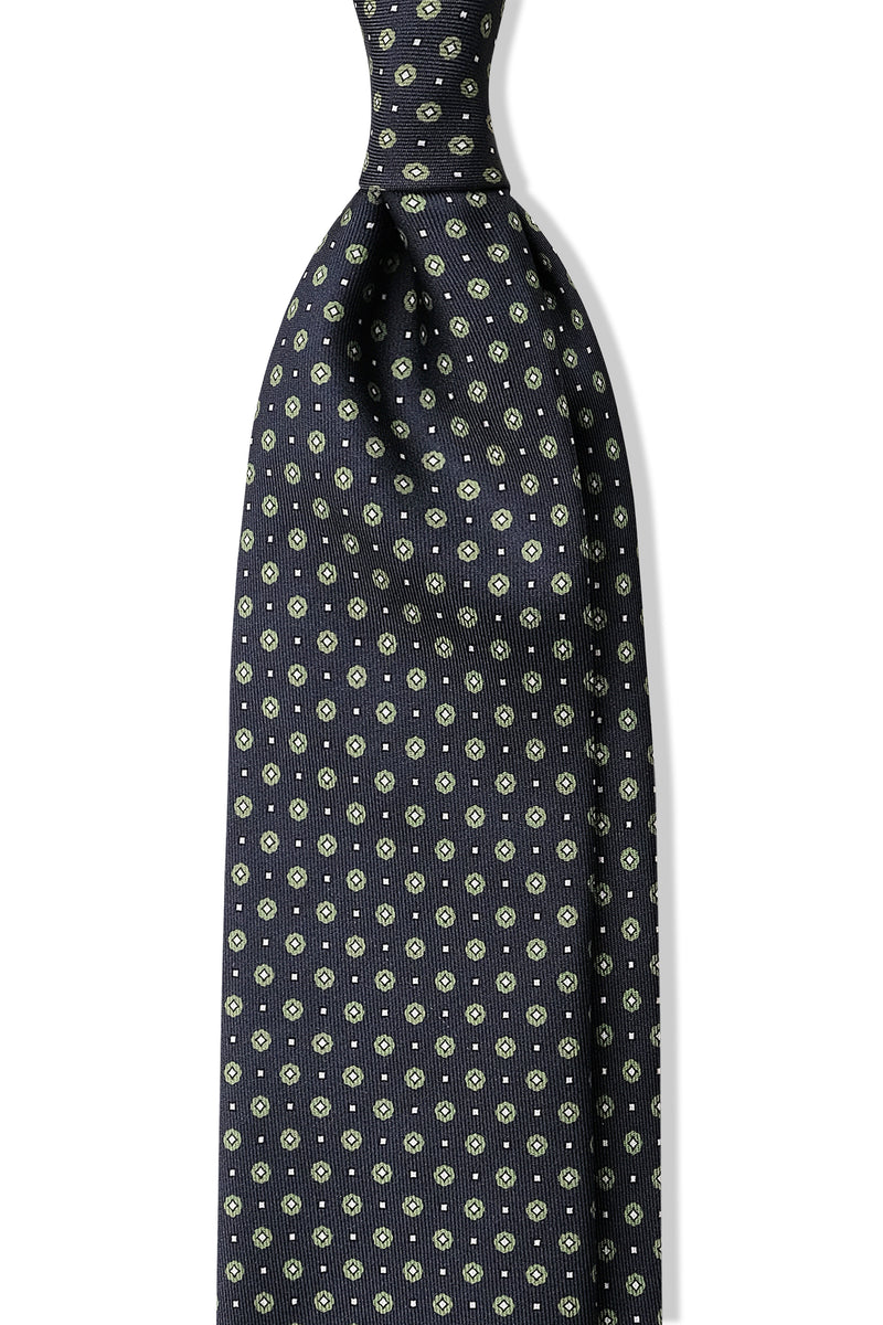 3-Fold Floral Cube Patterned Printed Silk Tie - Navy/Green/White - Brunati Como®