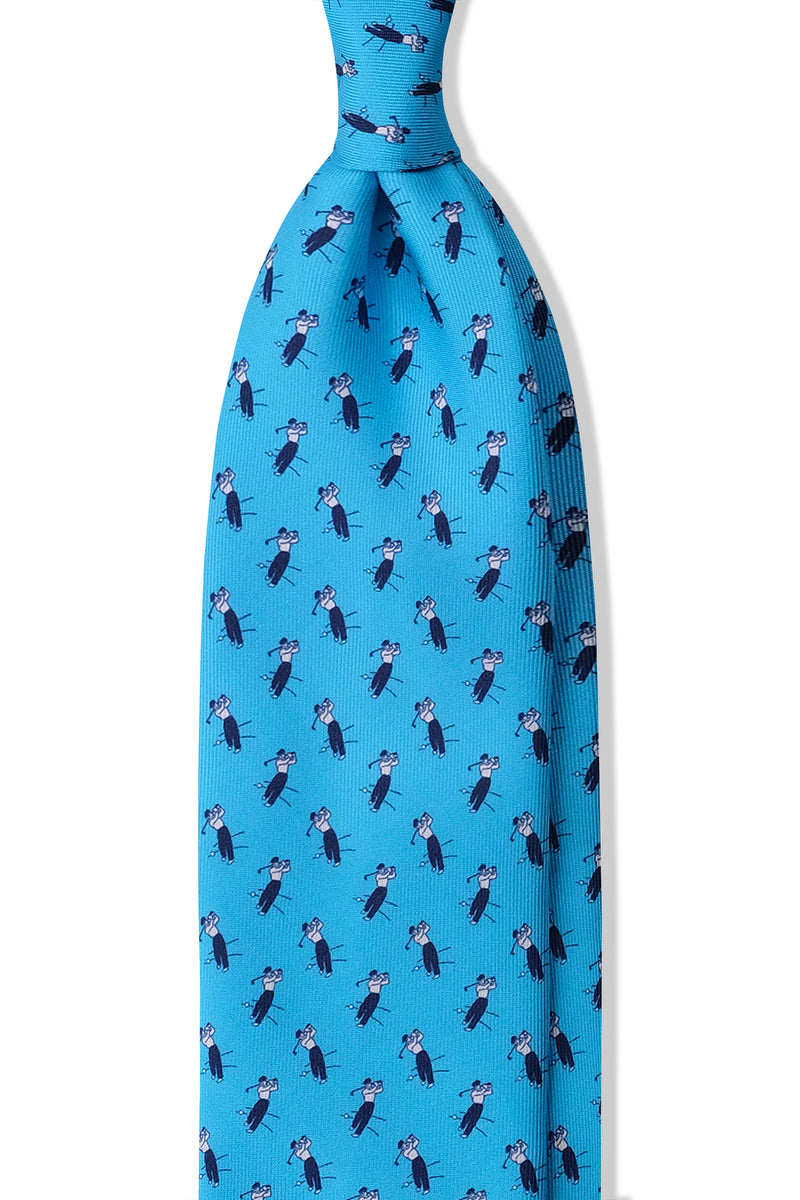 3-Fold Golf Player Patterned Printed Silk Tie - Blue - Brunati Como®