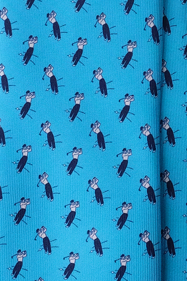 3-Fold Golf Player Patterned Printed Silk Tie - Blue - Brunati Como®