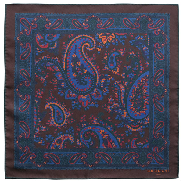 Handprinted Paisley Ancient Madder Silk Pocket Square - Burgundy