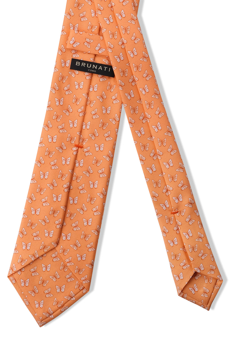 3-Fold Butterfly Patterned Printed Silk Tie - Mango Orange - Brunati Como®