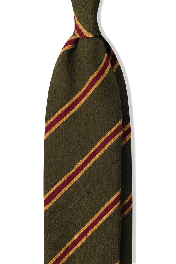 3-Fold Striped Silk Shantung Tie - Army Green/Beige/Burgundy