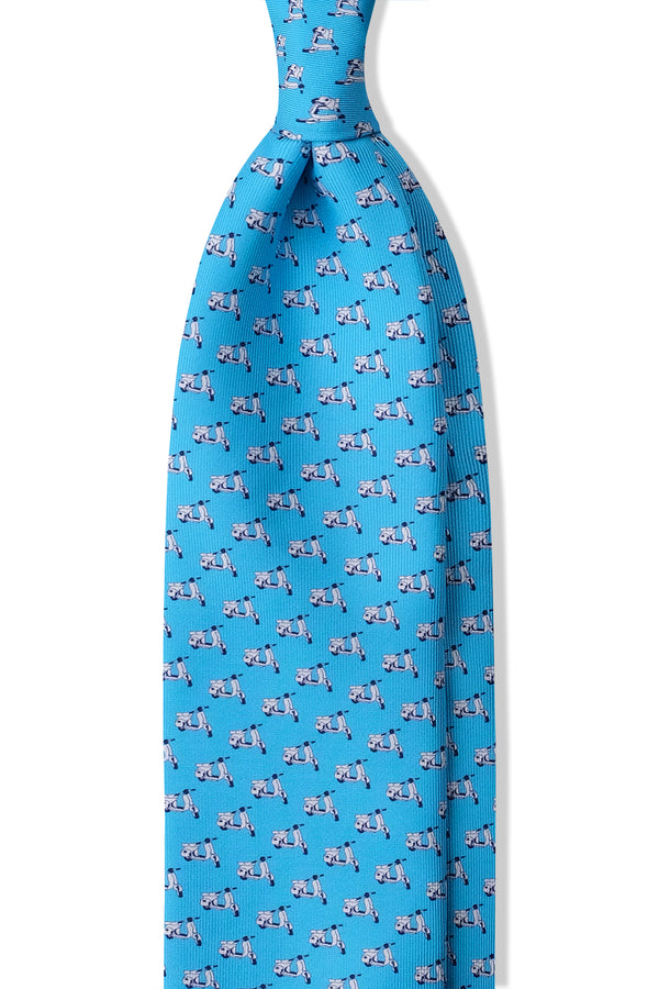 3-Fold Italian Scooter Patterned Printed Silk Tie - Blue - Brunati Como®