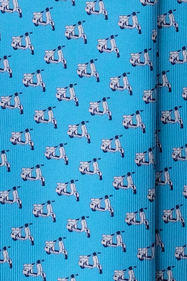 3-Fold Italian Scooter Patterned Printed Silk Tie - Blue - Brunati Como®