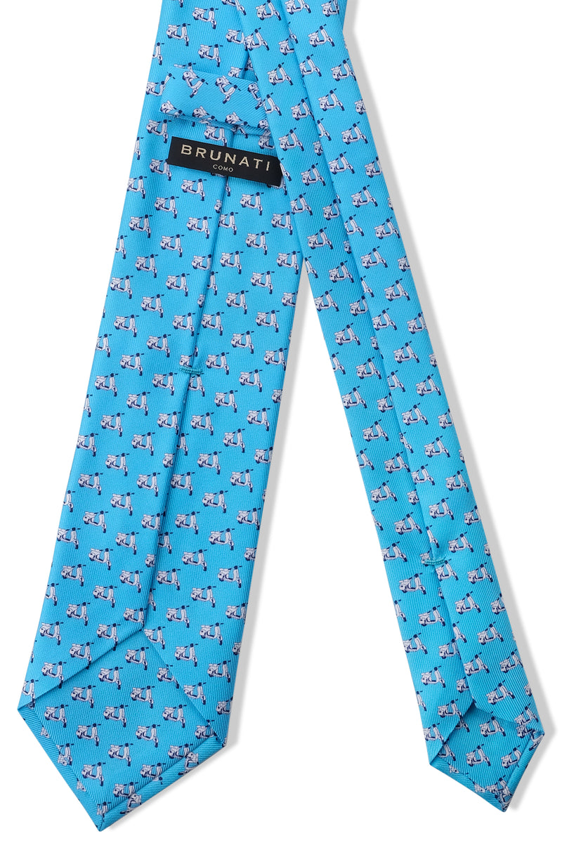 3-Fold Italian Scooter Patterned Printed Silk Tie - Blue - Brunati Como®