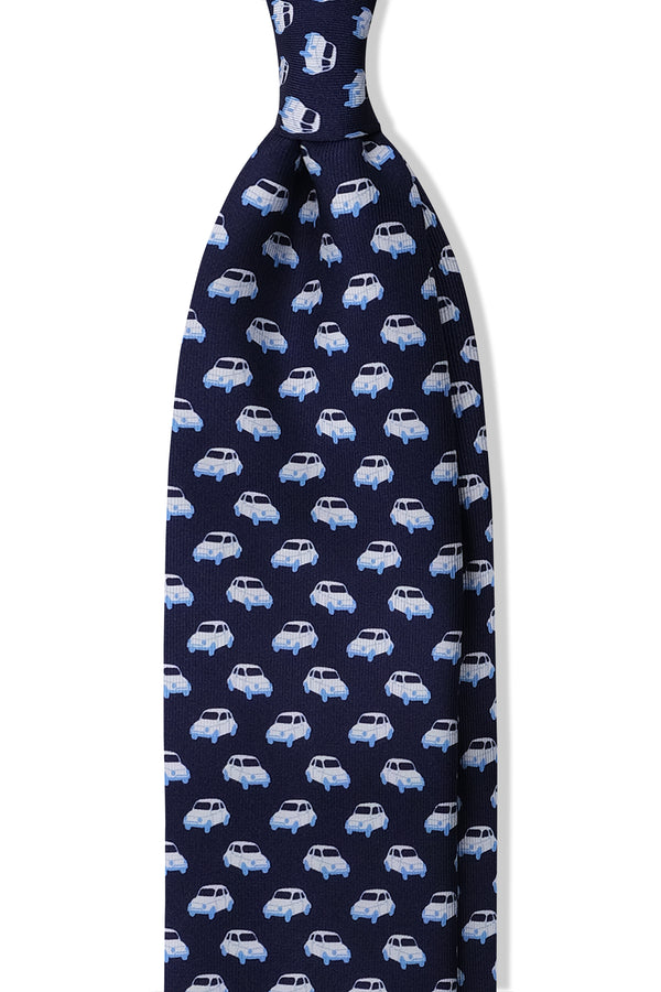 3-Fold Italian Car Patterned Printed Silk Tie - Navy - Brunati Como®
