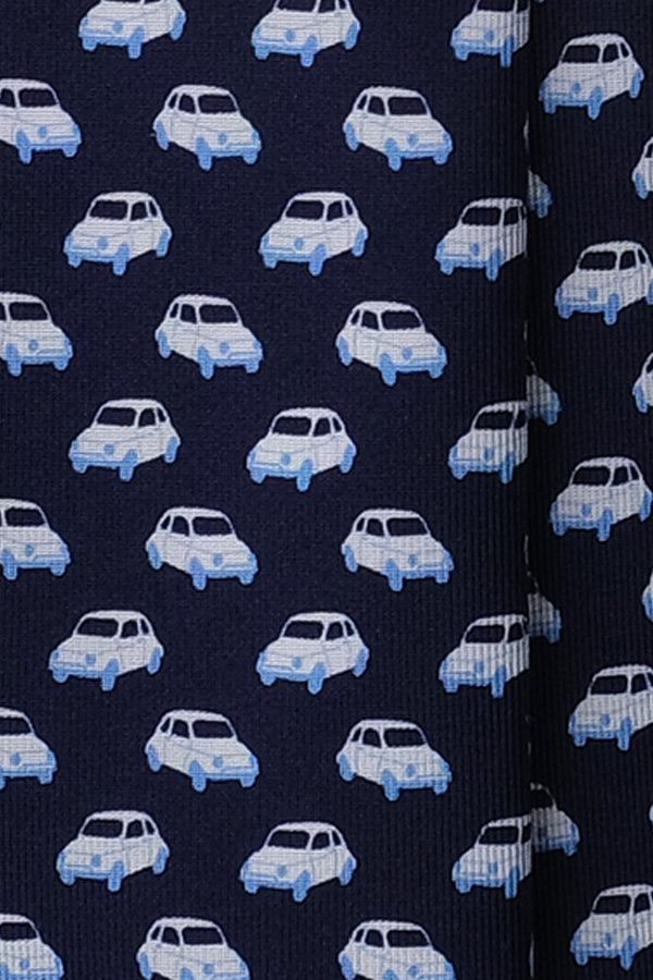 3-Fold Italian Car Patterned Printed Silk Tie - Navy - Brunati Como®