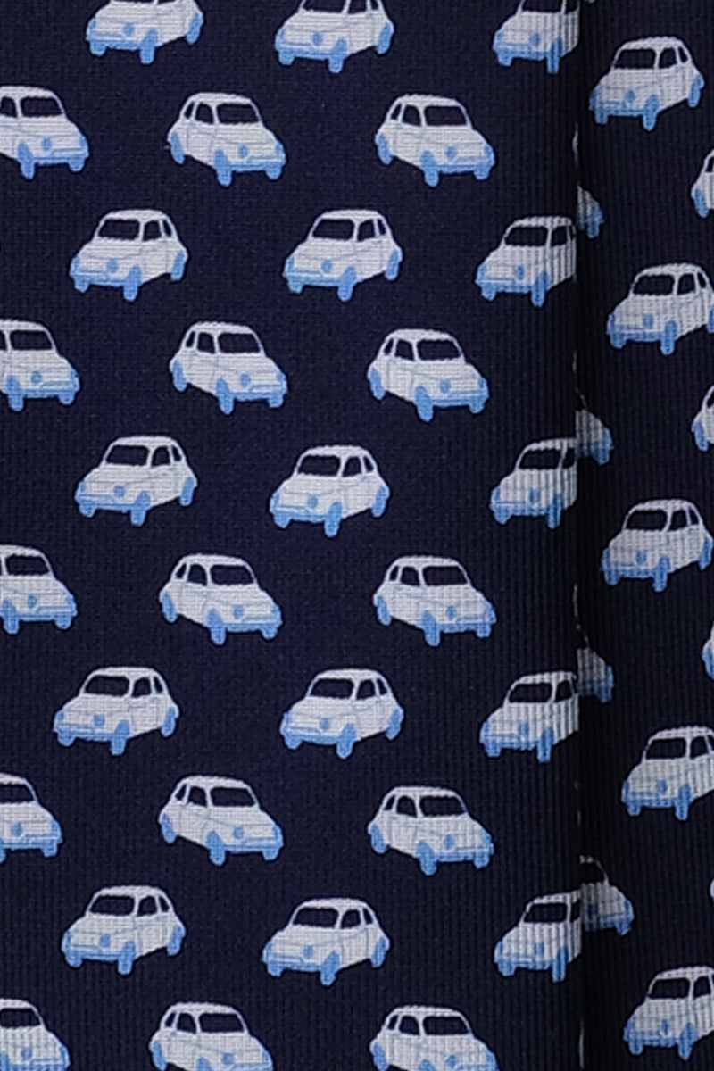 3-Fold Italian Car Patterned Printed Silk Tie - Navy - Brunati Como®