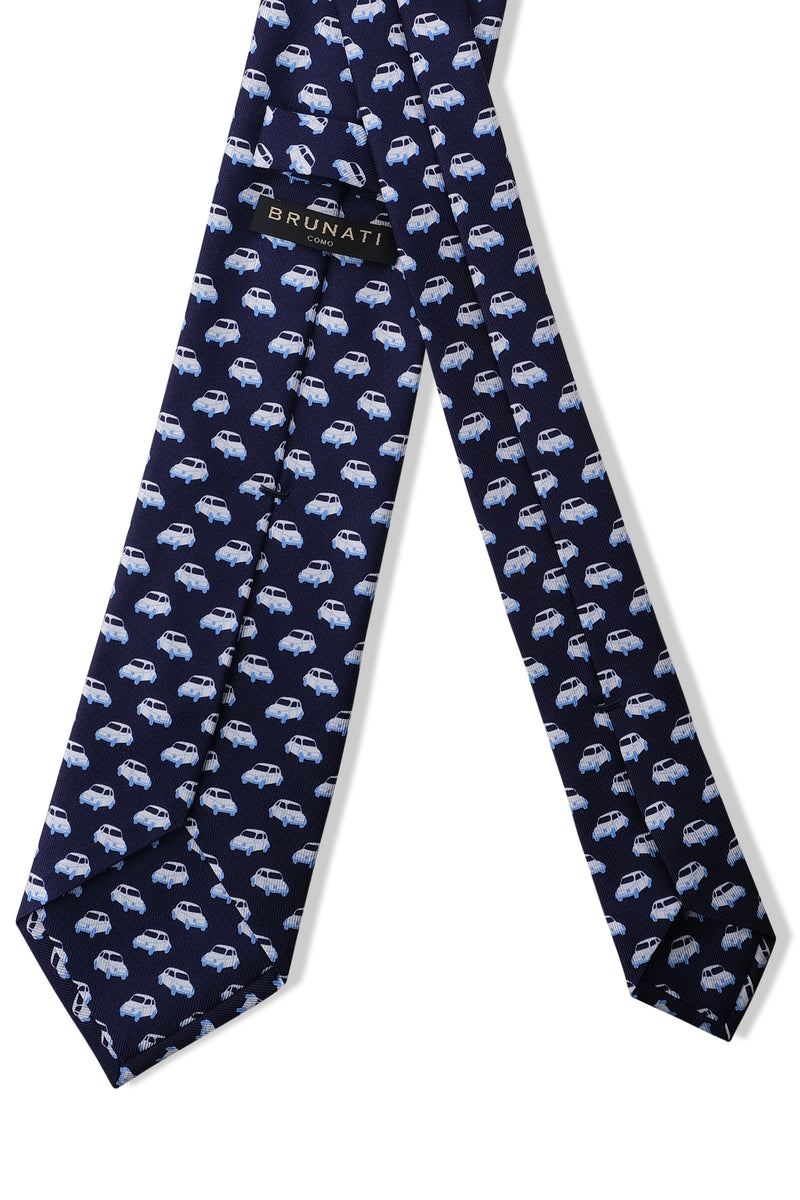 3-Fold Italian Car Patterned Printed Silk Tie - Navy - Brunati Como®