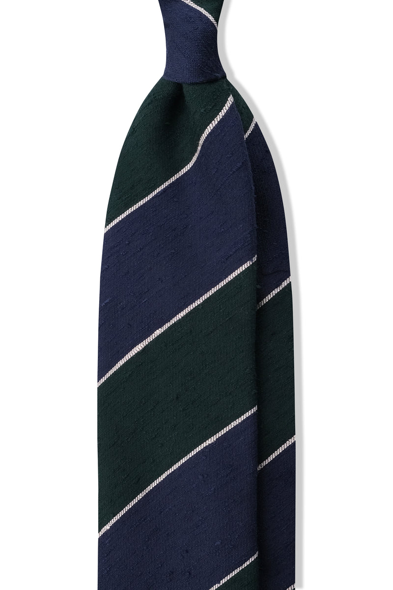 3-Fold Striped Silk Shantung Tie - Forest/Blue/White - Brunati Como®