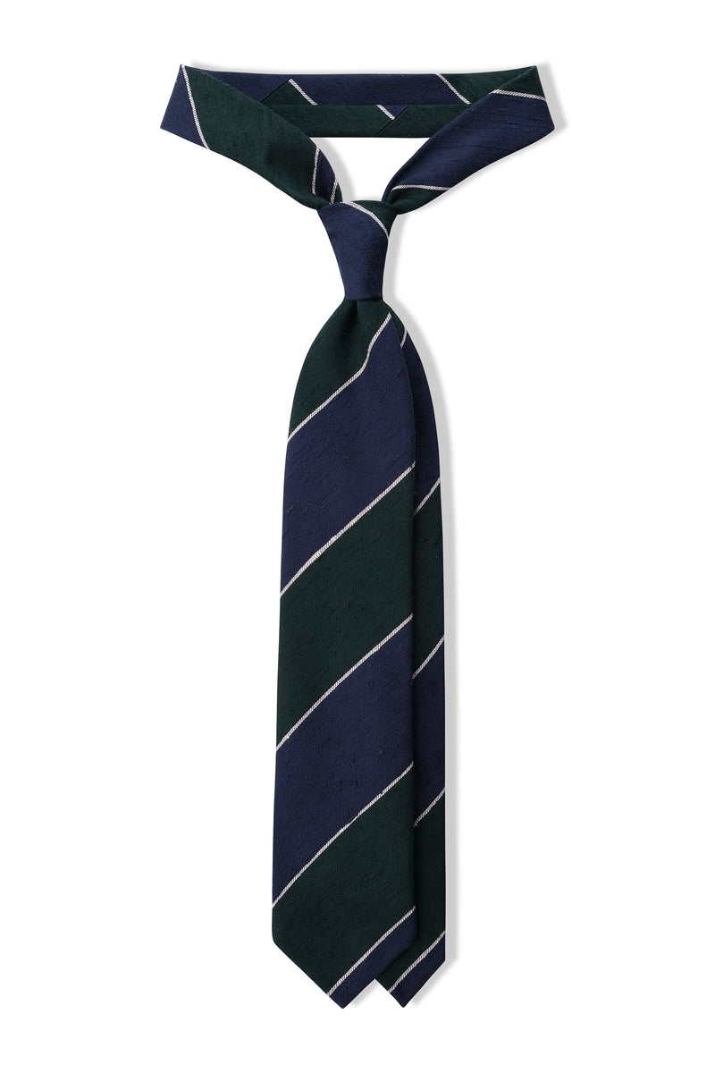 3-Fold Striped Silk Shantung Tie - Forest/Blue/White - Brunati Como®