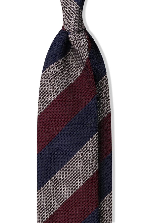 3-Fold Striped Silk Grenadine Garza Grossa - Burgundy/Navy/Silver Beige