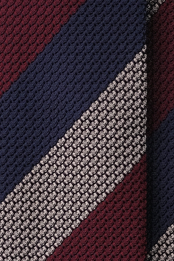 3-Fold Striped Silk Grenadine Garza Grossa - Burgundy/Navy/Silver Beige