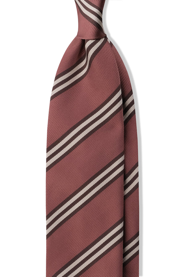 3-Fold Striped Repp Silk Tie - Old Pink / Brown / Cream - Brunati Como®