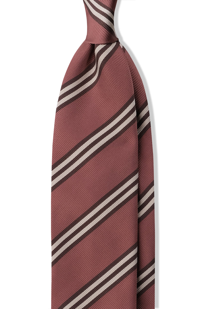 3-Fold Striped Repp Silk Tie - Old Pink / Brown / Cream - Brunati Como®